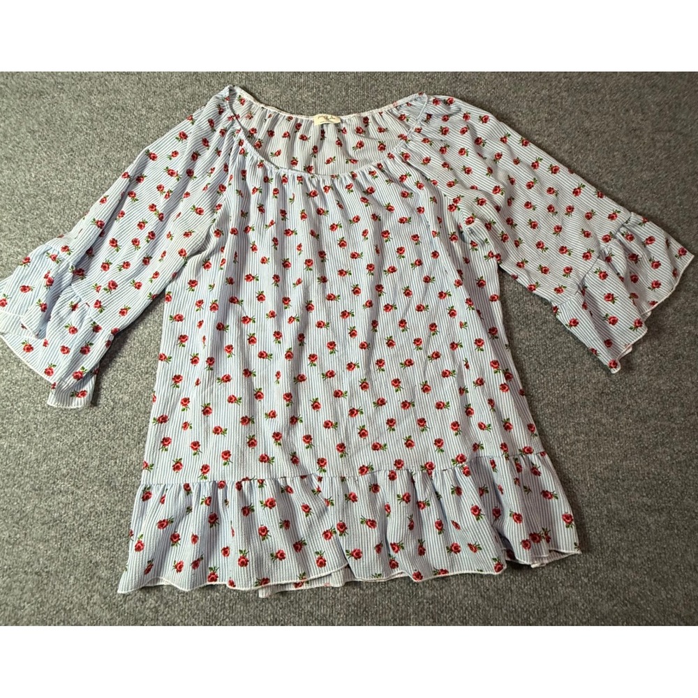 Free Kisses Plus Size 1X Floral Striped Peasant Blouse Ruffle‎ Bell Sleeve